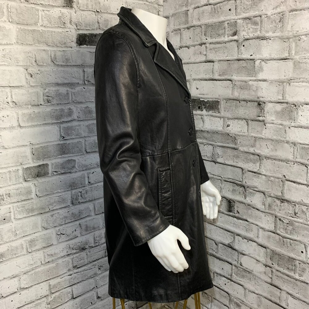 Vintage 90s Danier Black Leather Blazer Trench Coat Overcoat Longline Jacket - Picture 4 of 16